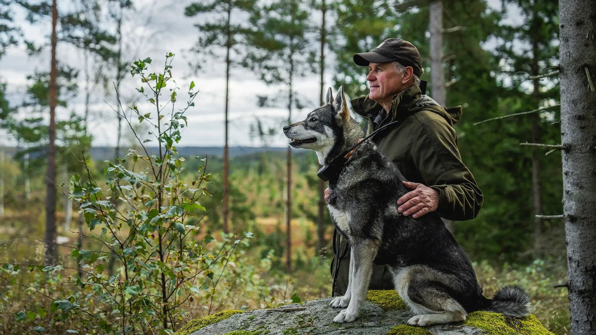 Man and dog enjoying forest with härkila collection today for outdoor forest clothing