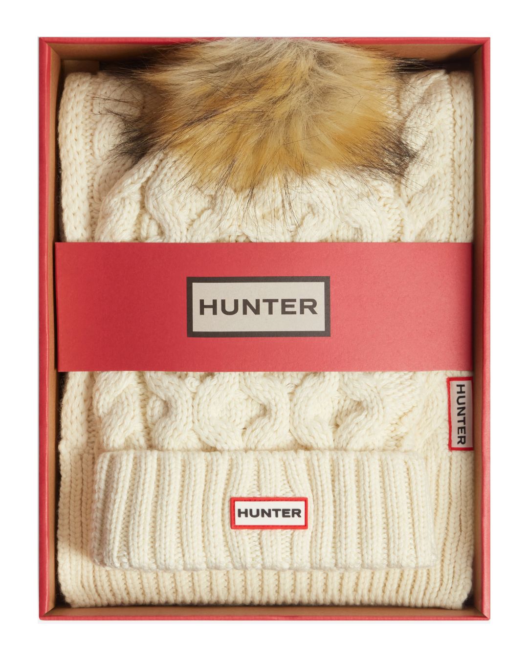 Hunter Cable Knit Fur Pom Beanie and Scarf Set