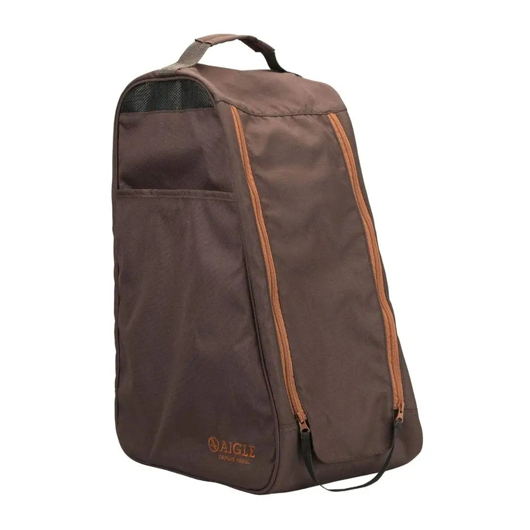 Brown Aigle Boot Bag with orange zippers, perfect for country clothing and hunting trips