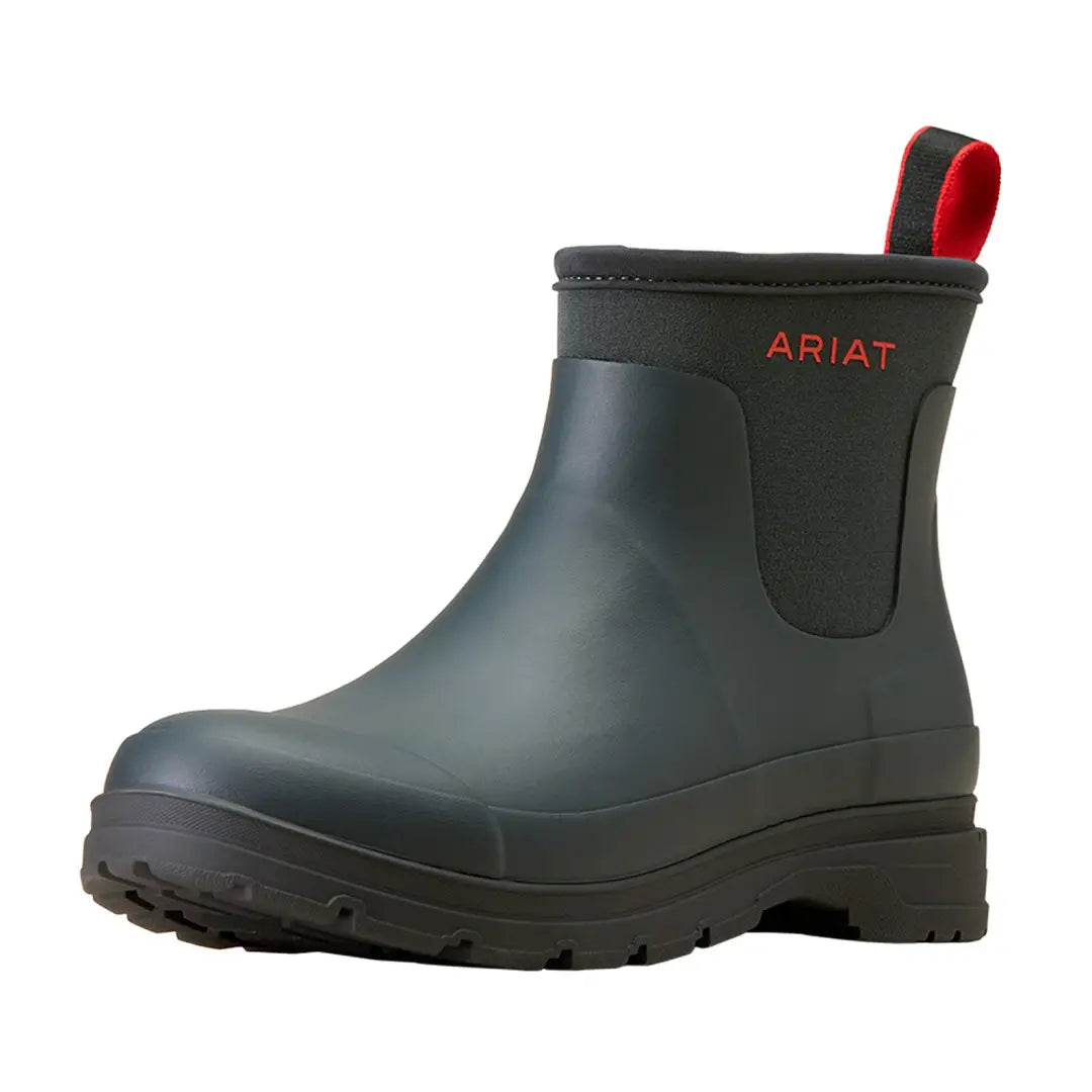 Dark green Ariat Kelmarsh Shortie Rubber Boots with red accents, perfect for country clothing