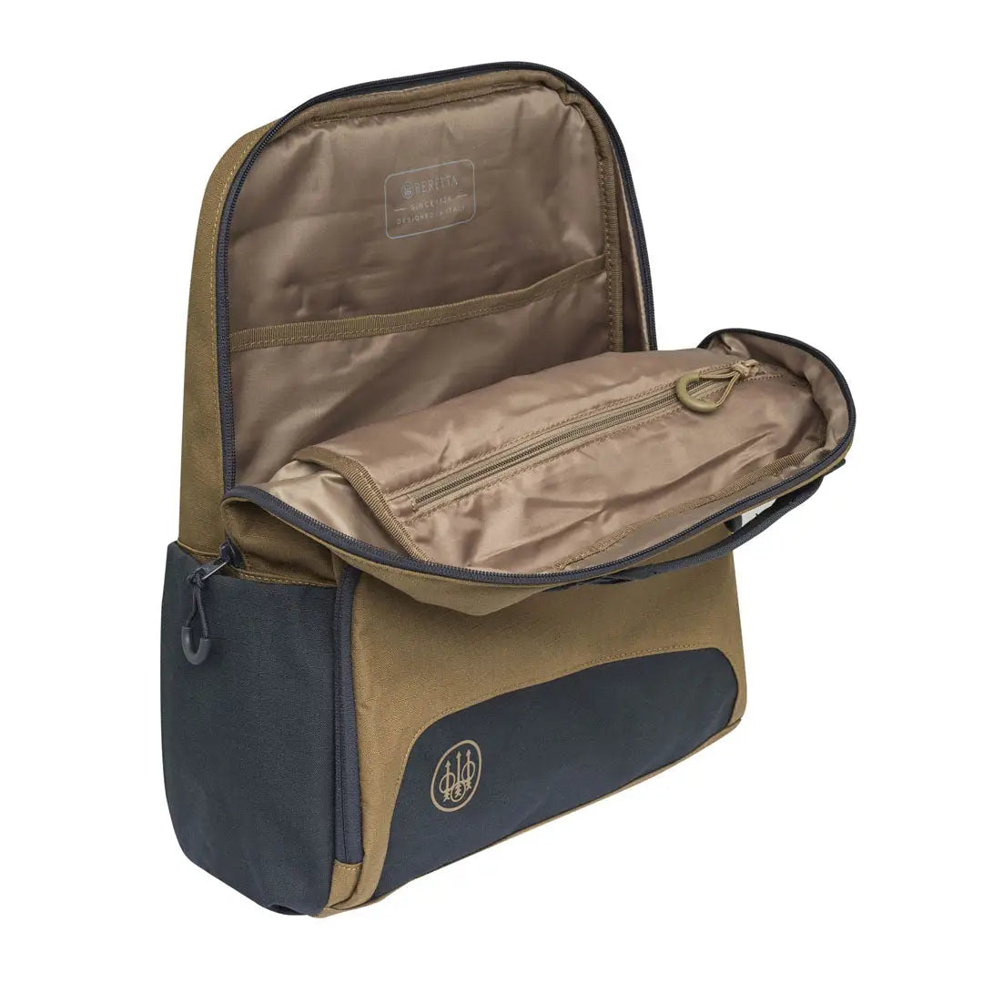 Beretta GameKeeper EVO backpack in tan and navy with gold logo