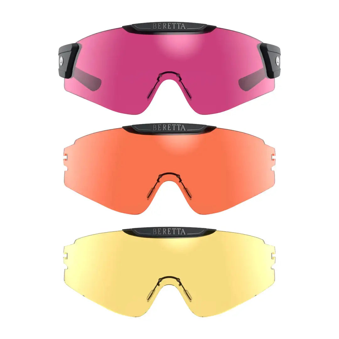 Three pairs of interchangeable-lens shooting glasses from Beretta InterMask for hunting outdoors