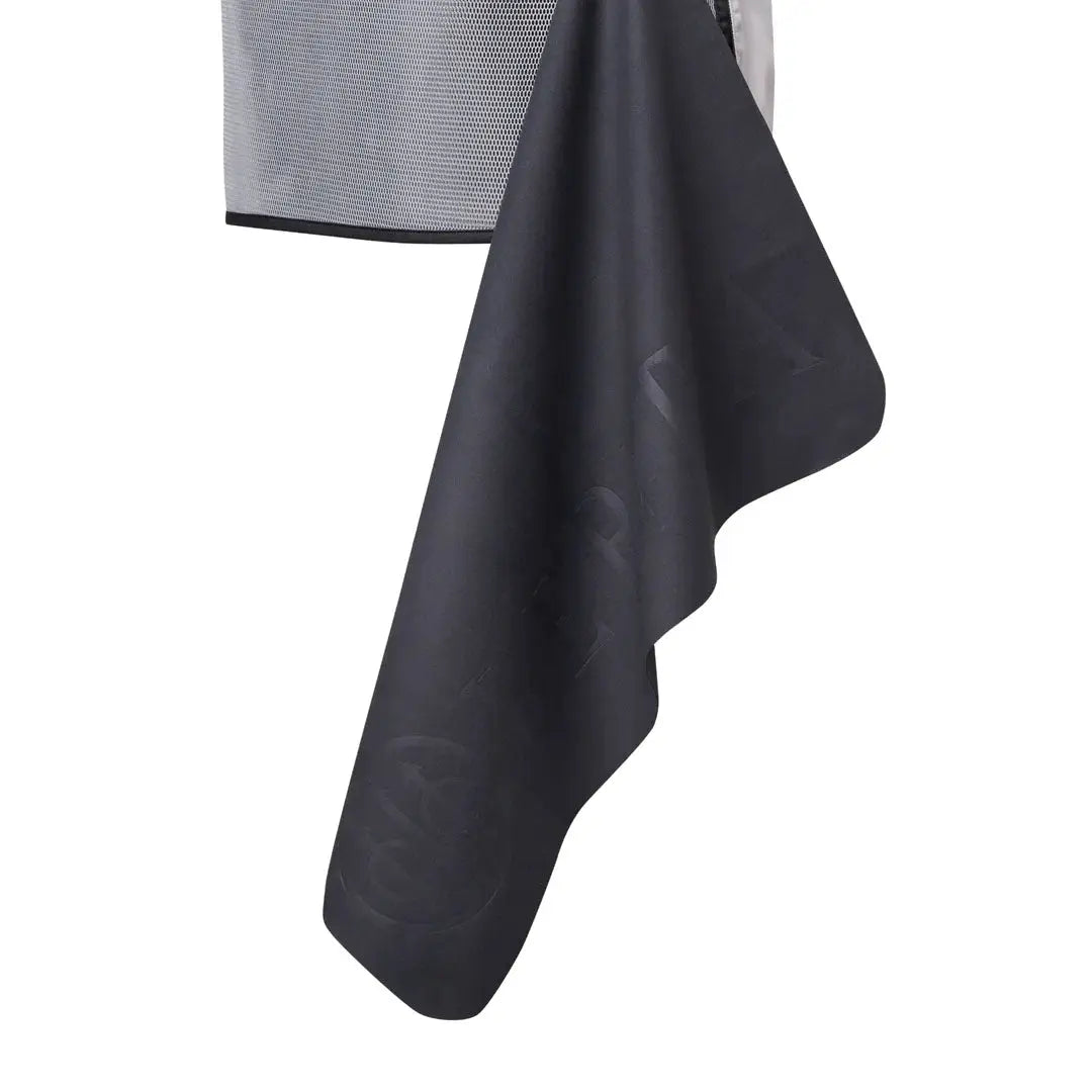 Black Beretta Shooting Towel hanging from mesh fabric, perfect for shooters on the go