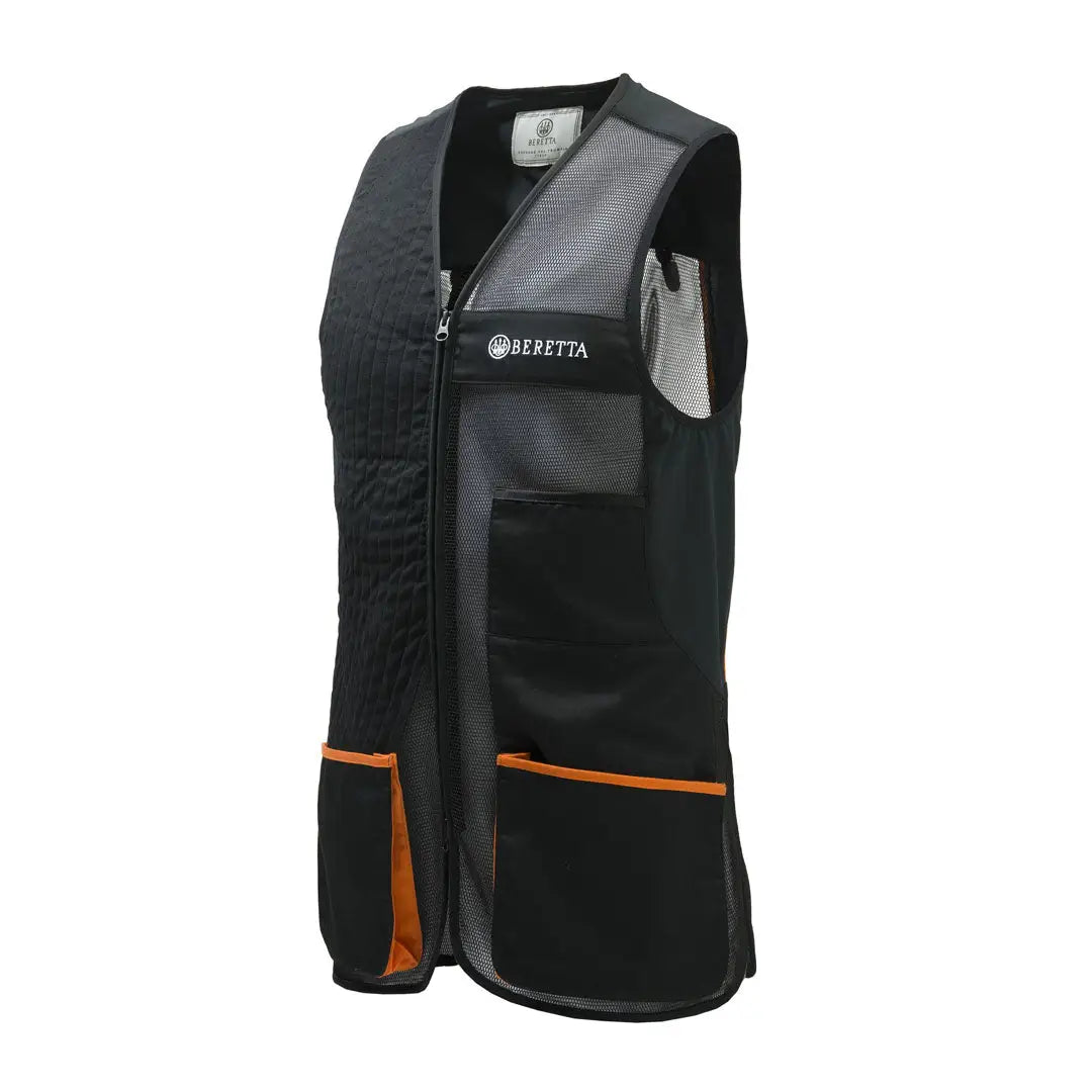 Black Beretta Uniform Pro 20.20 shooting vest with orange trim, mesh panels