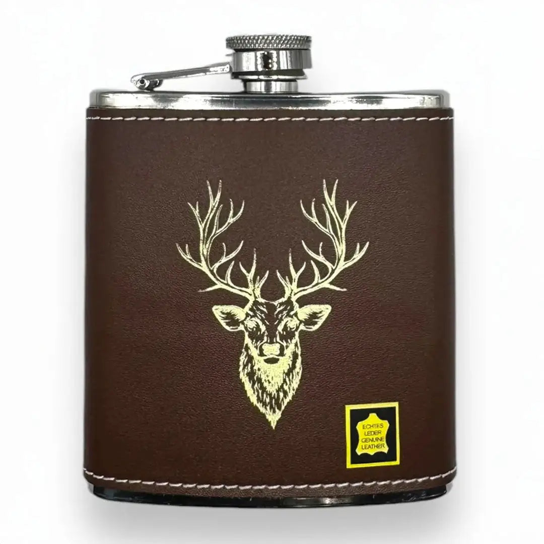 Bisley brown leather 6oz hip flask with deer head design
