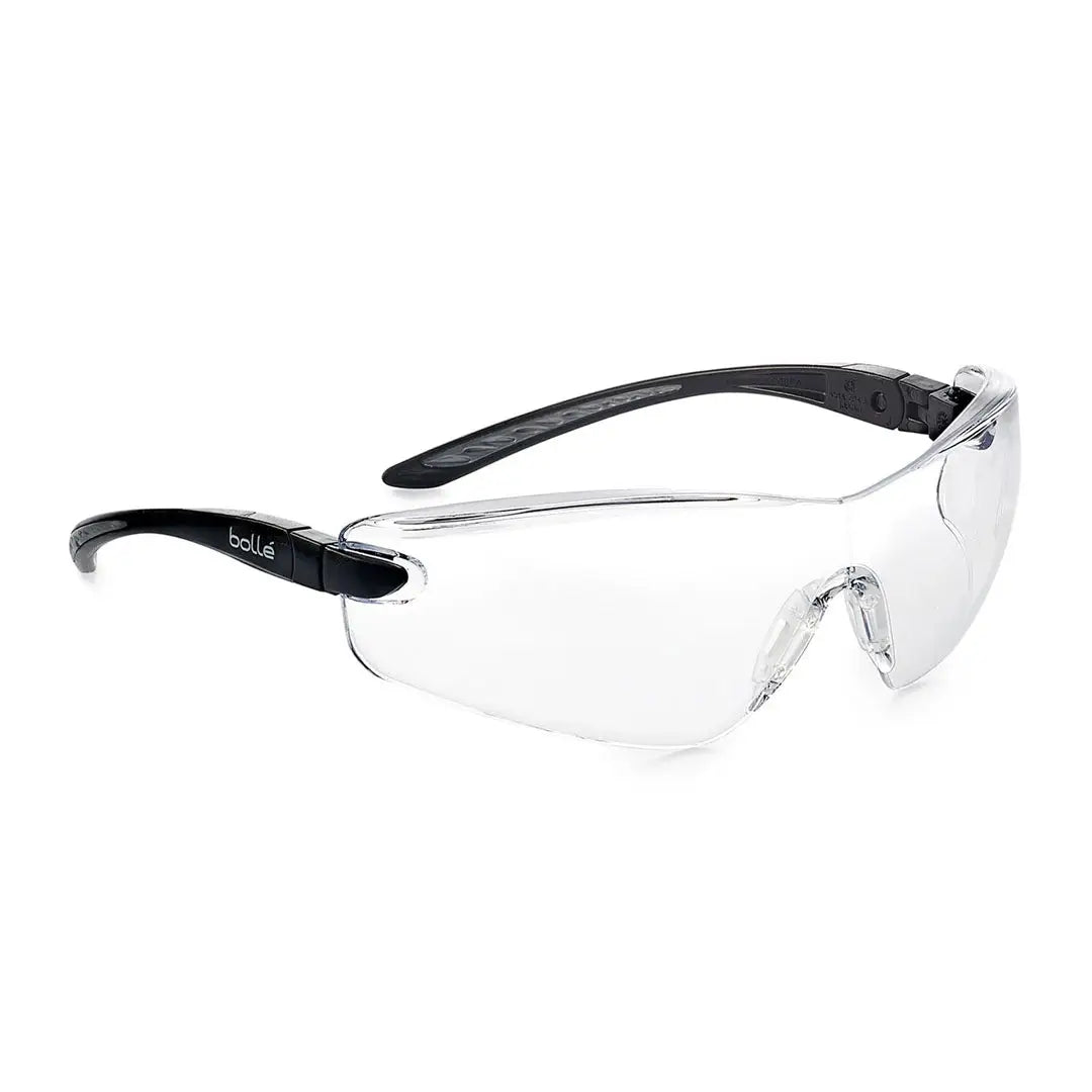 Clear safety glasses with black arms from Bolle Cobra, platinum anti-scratch for hunting