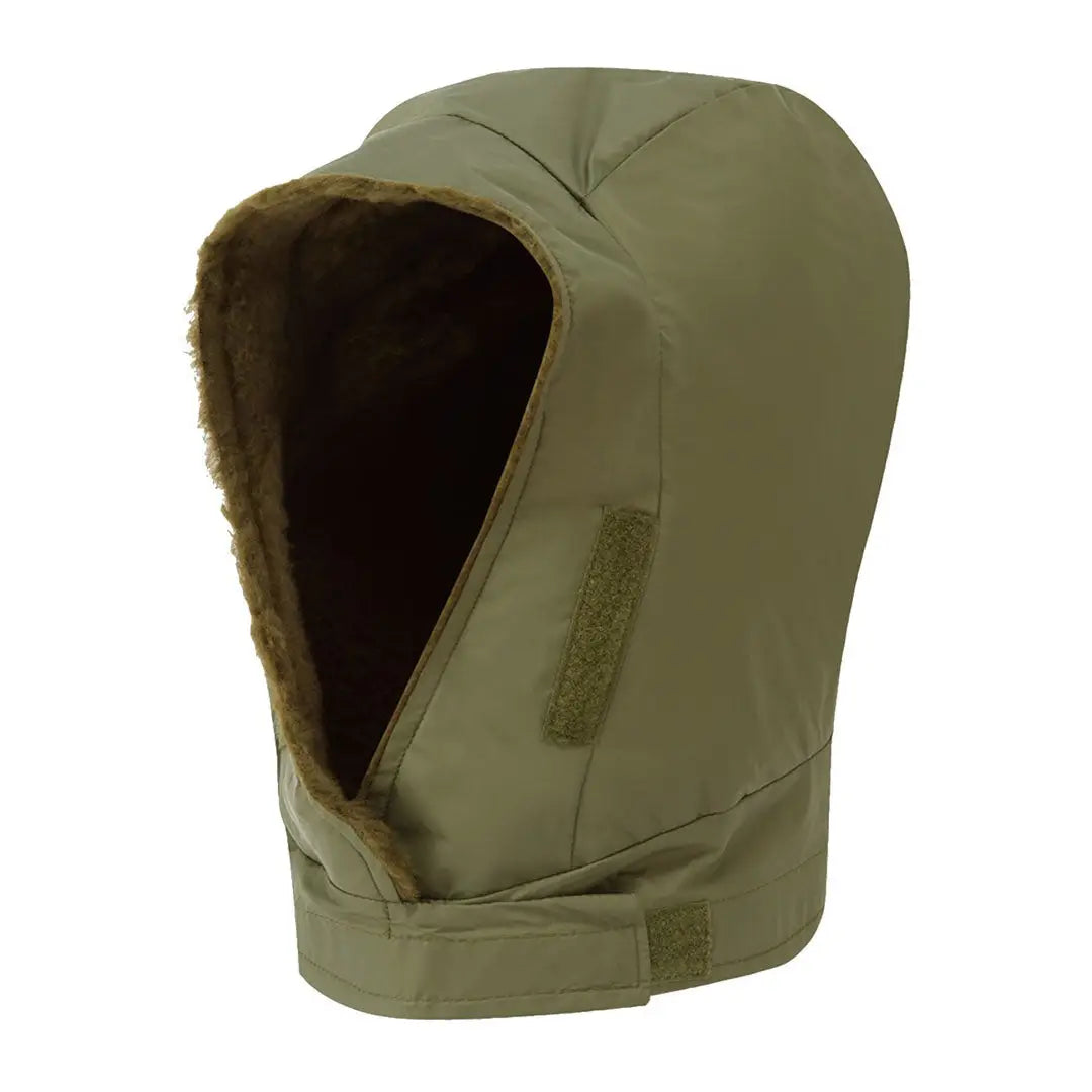 Olive green Buffalo DP Hood with aquatherm pile lining faux fur and hook closures