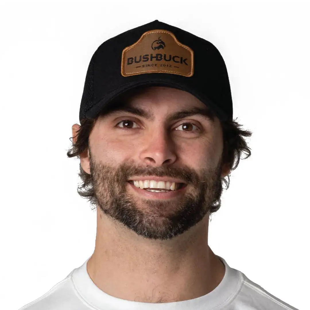 Black Bushbuck Snapback Trucker Cap with leather front and brown strap