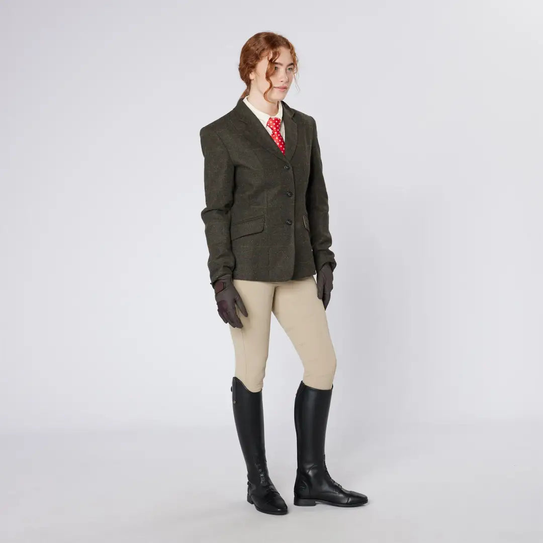 Equestrian-style outfit featuring the Cameo Tweed Jacket with foxhead buttons for hunting and country clothing enthusiasts