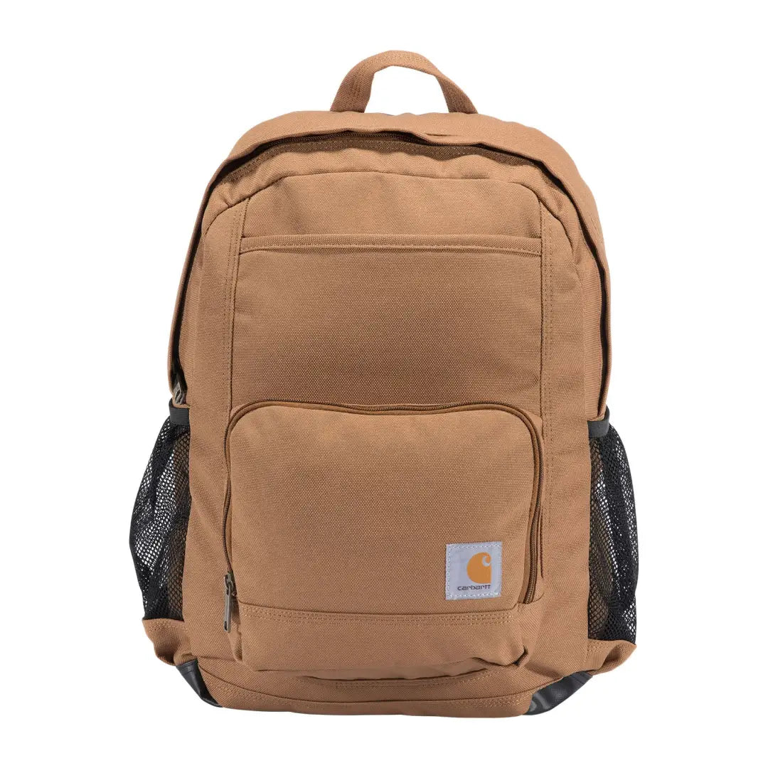 Rugged Carhartt 23L backpack with brown mesh pockets and tan straps for outdoors