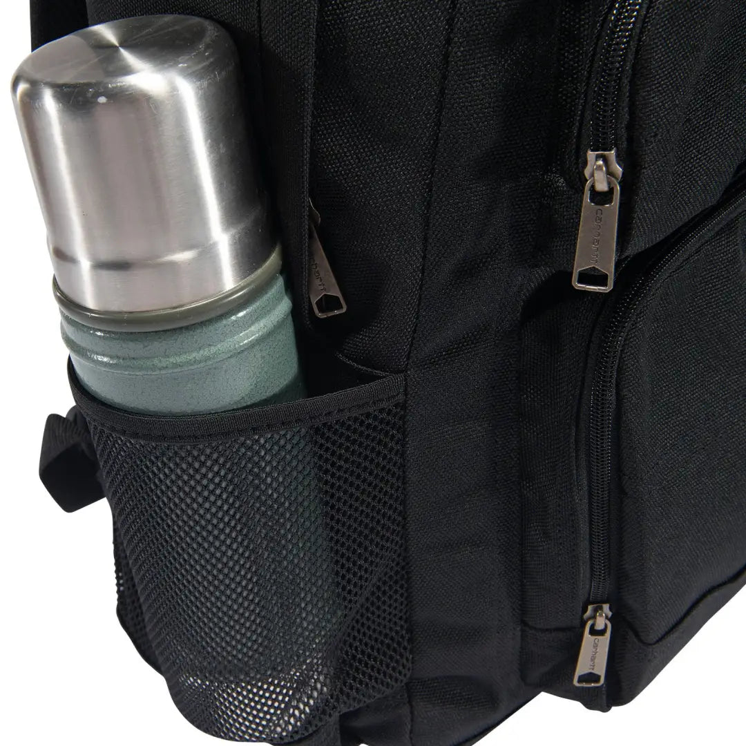 Black mesh Carhartt 27L holder with silver green insulated bottle