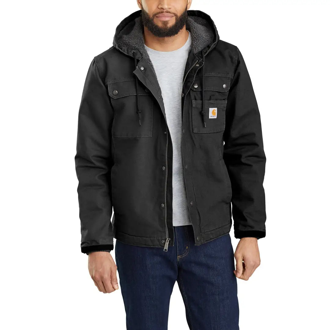 Carhartt Bartlett relaxed fit black hooded jacket with fleece lining and chest pockets