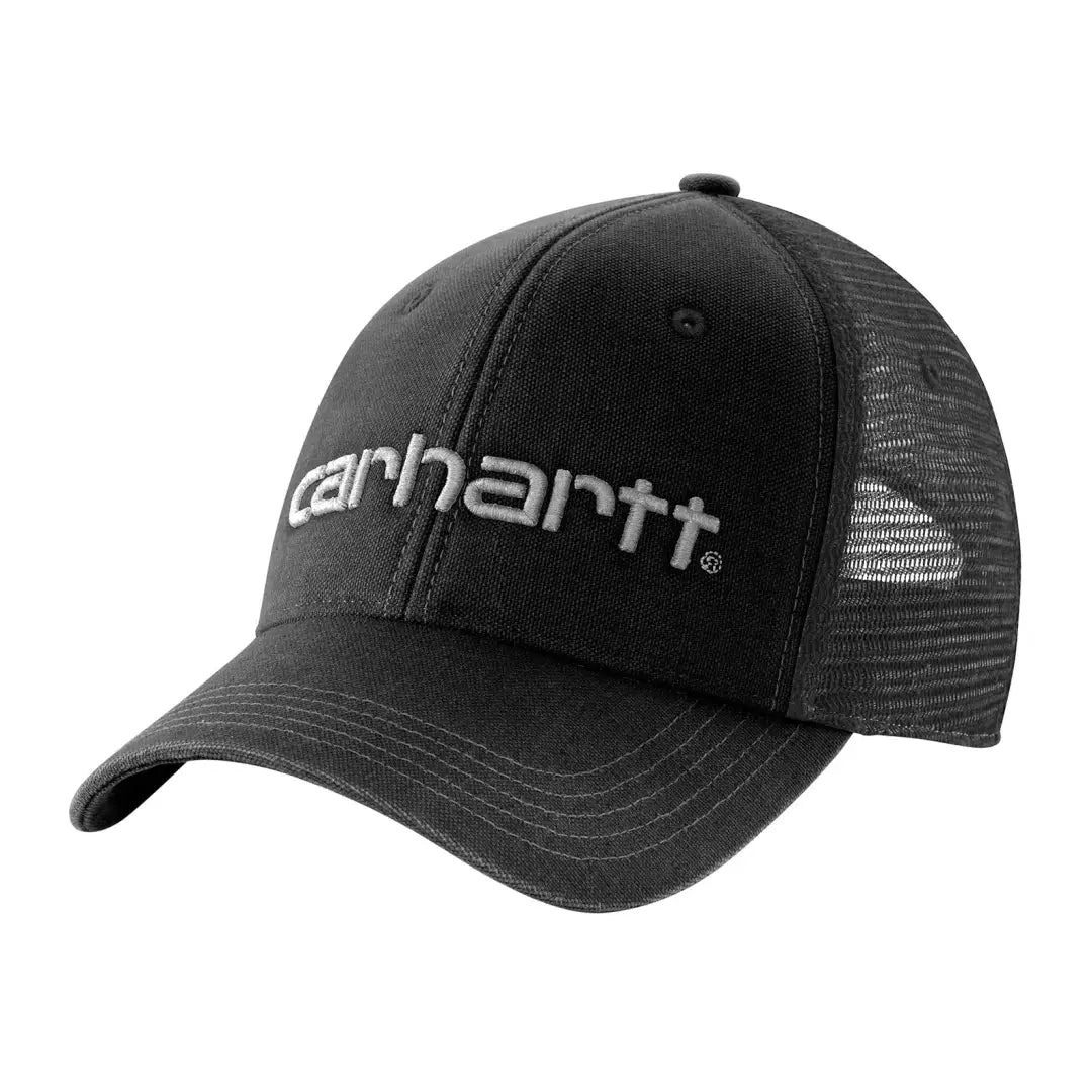 Black Carhartt canvas mesh-back logo graphic cap with white embroidered logo