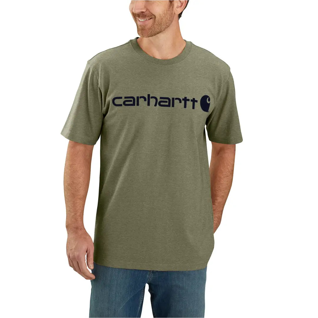 Olive green Carhartt Dearborn t-shirt with navy logo for outdoors hunting