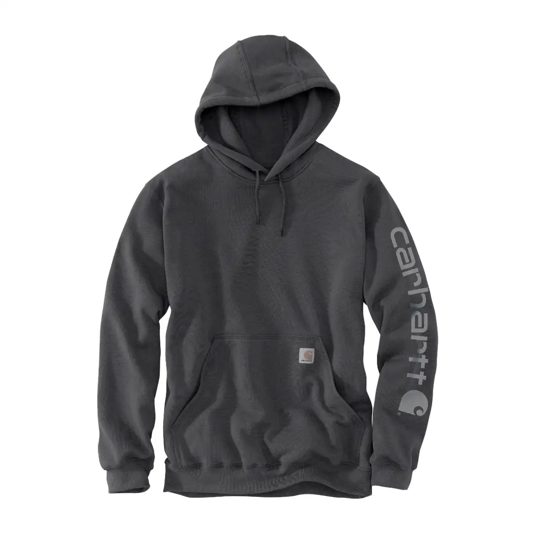 Dark gray Carhartt Durham hoodie with silver sleeve logo and pocket patch