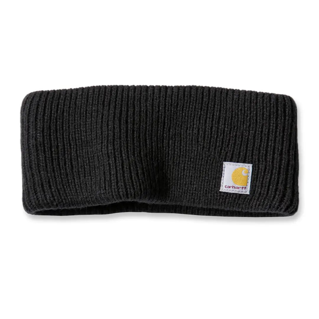 Black ribbed Carhartt knit headband with logo patch for outdoors hunting