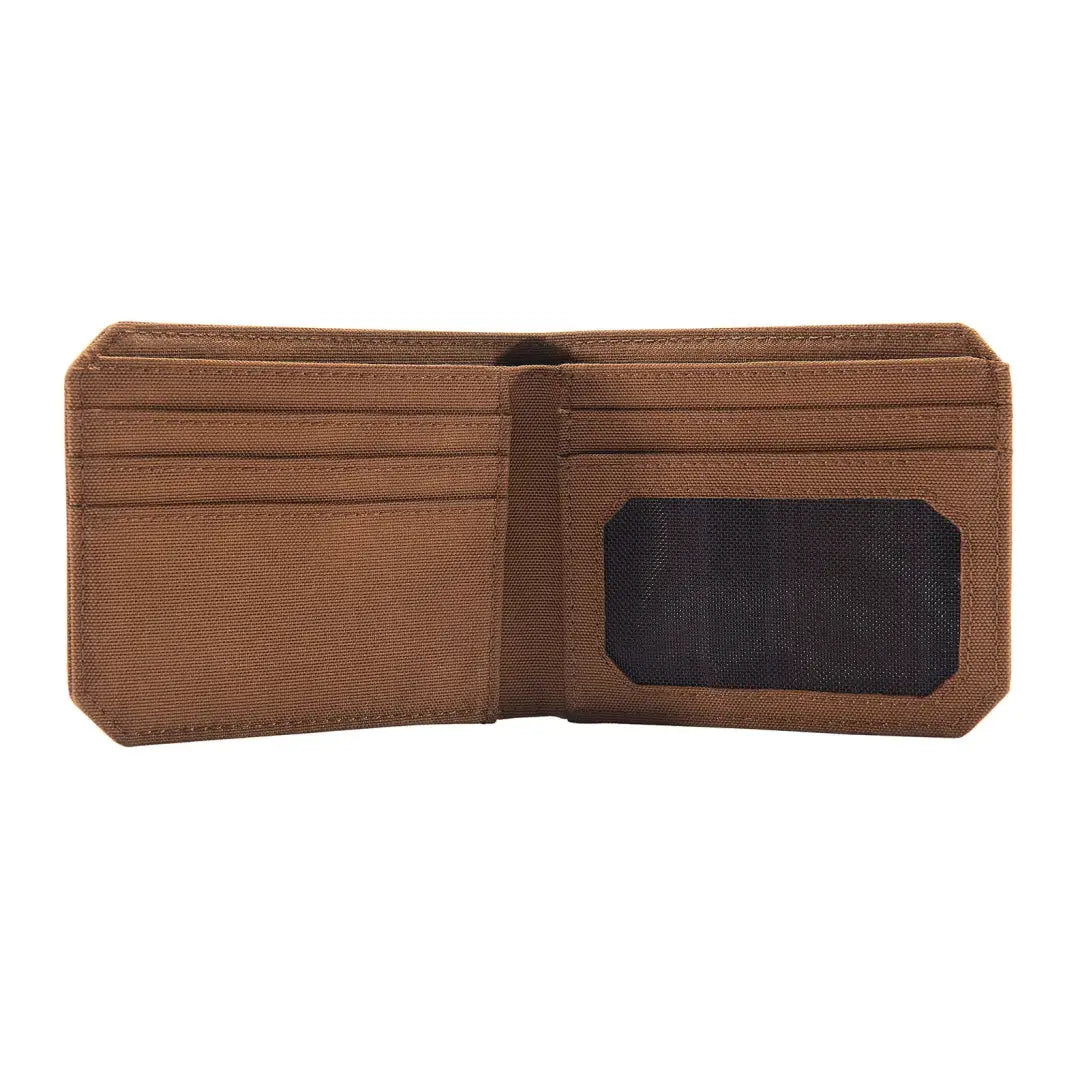 Open brown Carhartt Nylon Duck Bifold Wallet perfect for outdoor and country clothing lovers