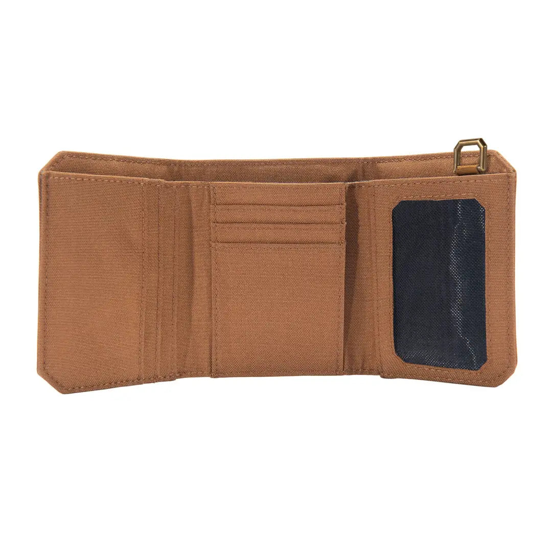 Open brown canvas tri-fold wallet from Carhartt for country clothing and outdoor hunting trips