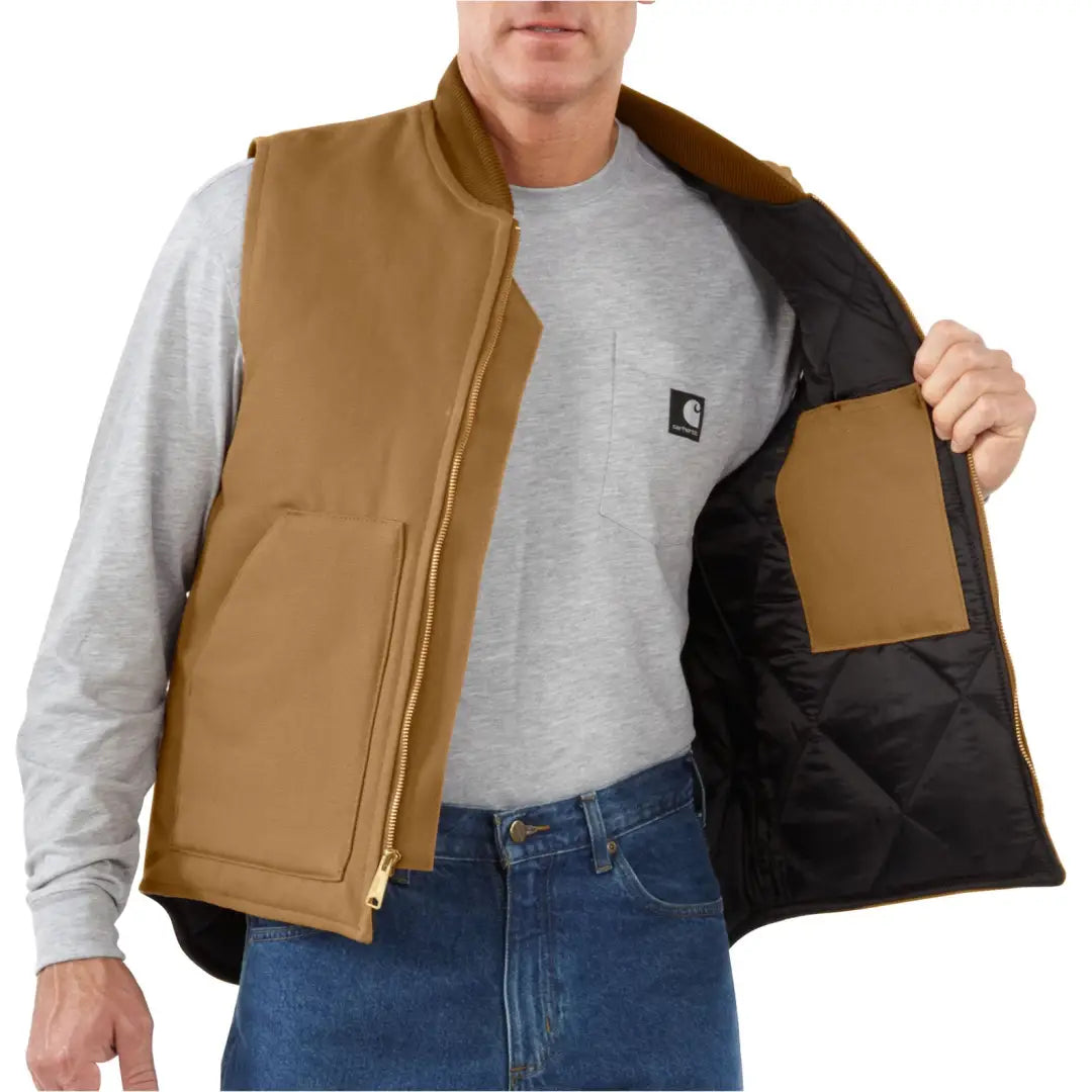 Carhartt relaxed fit insulated duck vest with rib collar and brown fabric