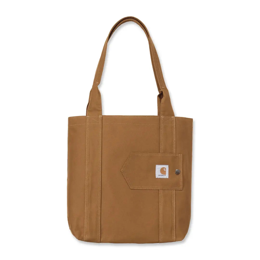 Brown Carhartt vertical open tote bag with pocket and strap