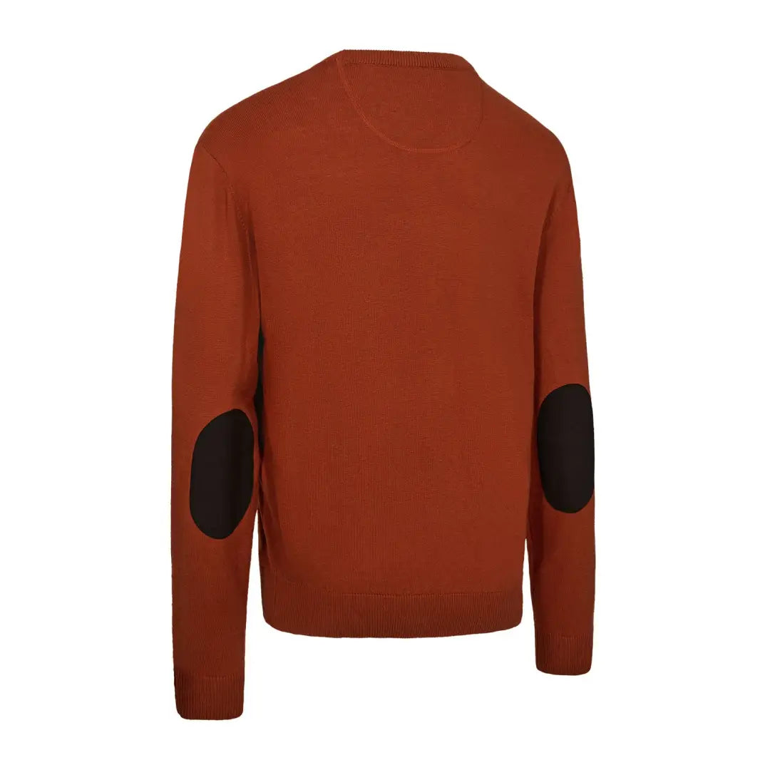 Rust-colored Deerhunter Harrington O-Neck Knit sweater with elbow patches for country outdoor wear