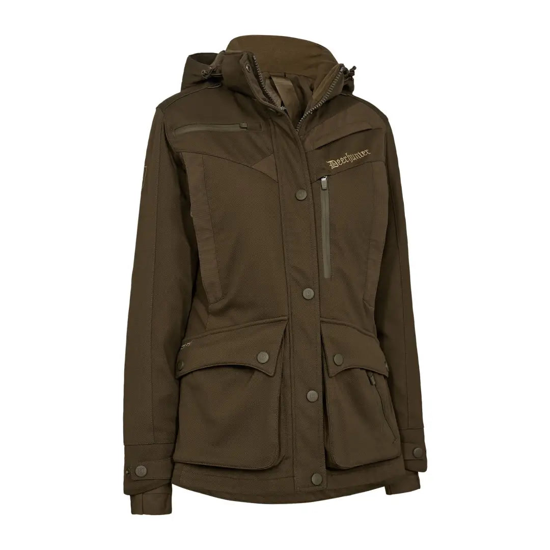 Olive green Deerhunter Lady Muflon Pro Jacket showing hooded design and outdoor style