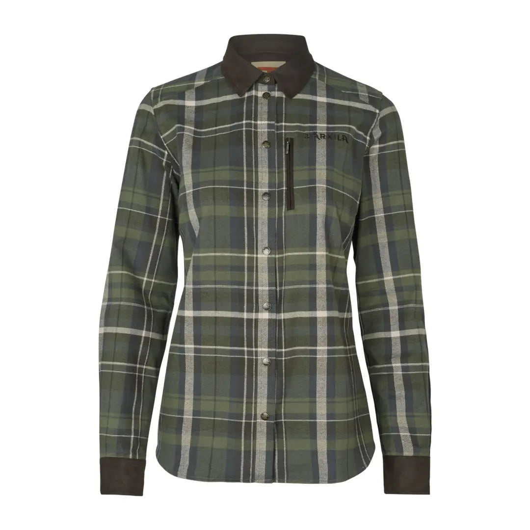 Green and white plaid button-down shirt for outdoor country hunting clothing Women