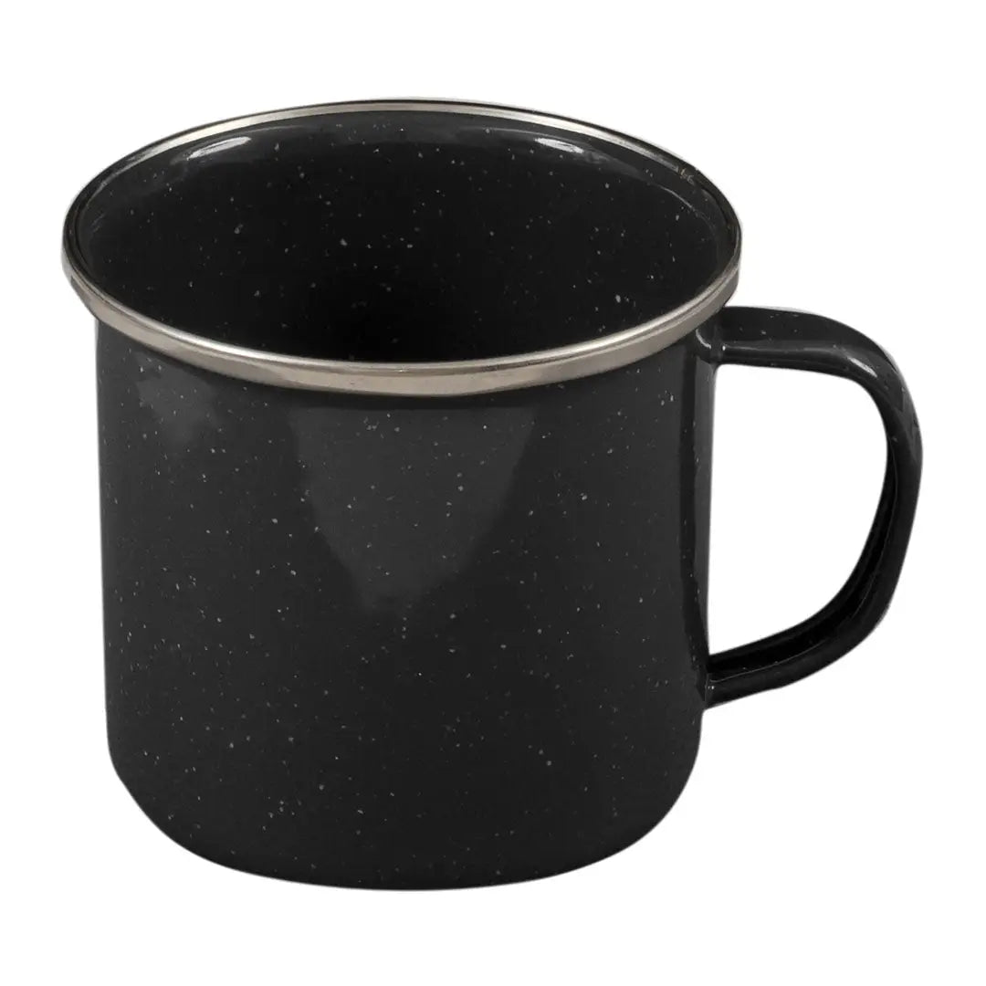Black enamel camping mug with speckles and silver rim, perfect for country clothing and hunting