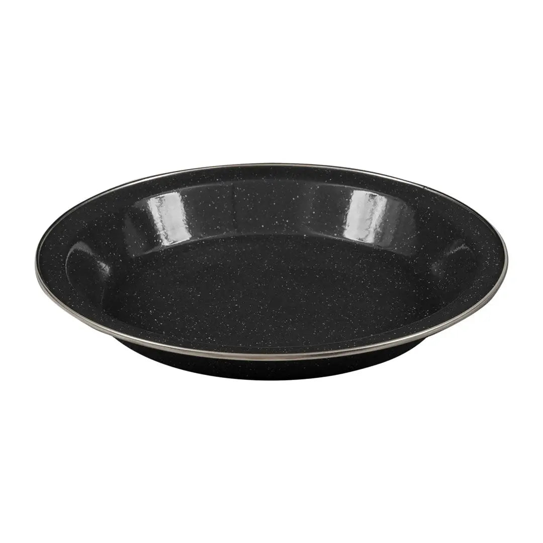Black speckled ceramic Highlander Deluxe Enamel Vintage Camping Plate with shallow rim