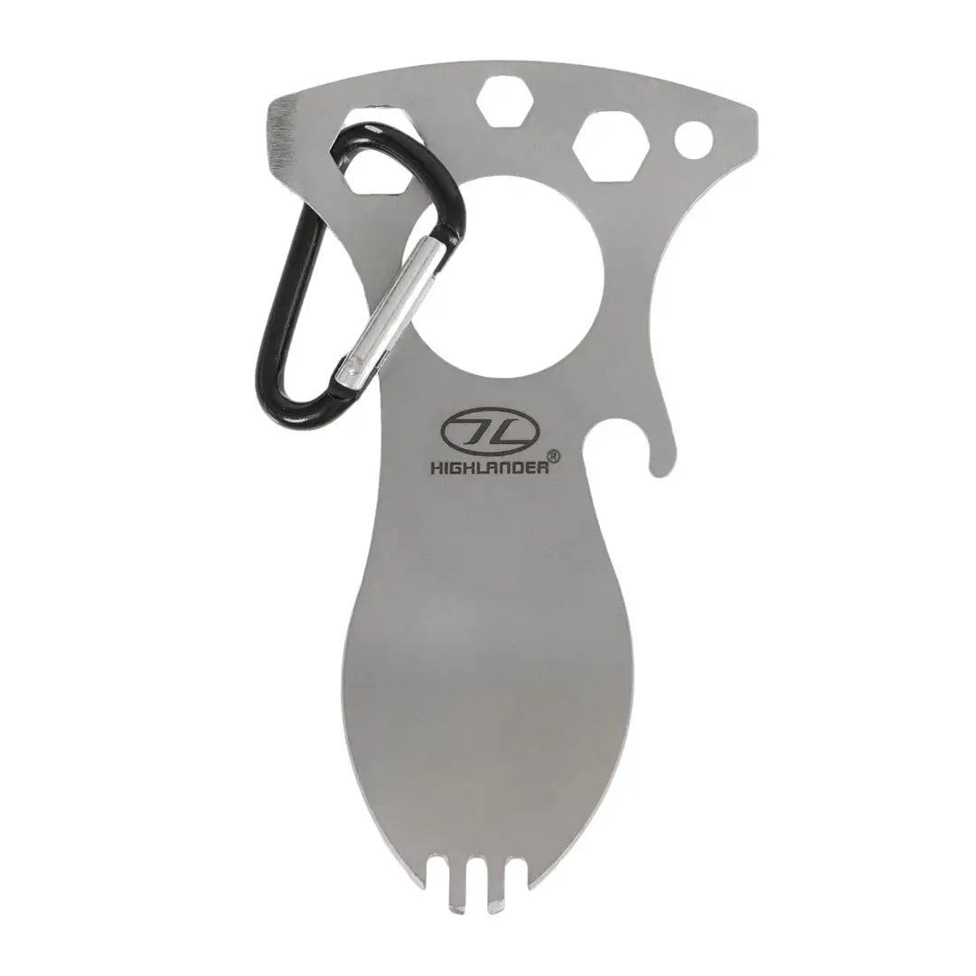 Stainless steel Highlander Foon 5 In 1 Titanium Tool combines spork and carabiner for versatility