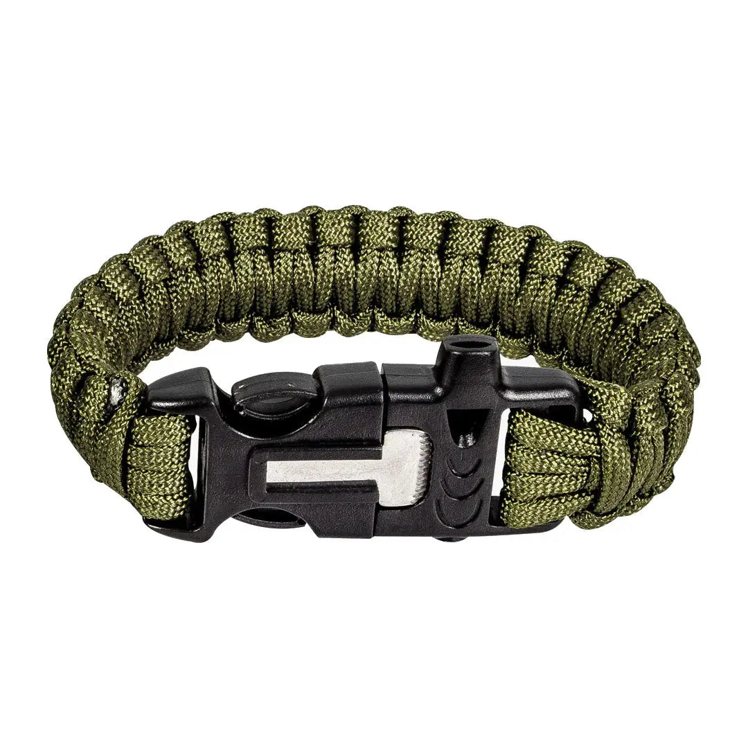 Olive green Highlander Paracord Flint Bracelet perfect for survival and outdoor gear