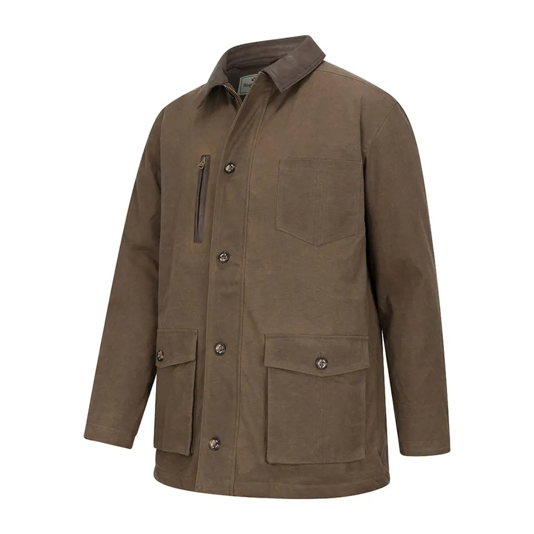 Men’s brown Fife Balerno waxed canvas barn coat with multiple pockets and corduroy collar