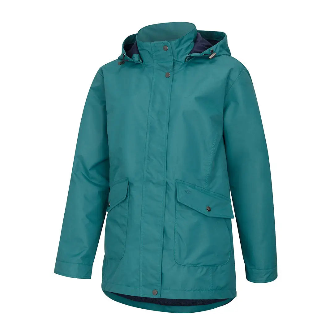 Teal hooded raincoat from the Fife Fara Waterproof jacket collection