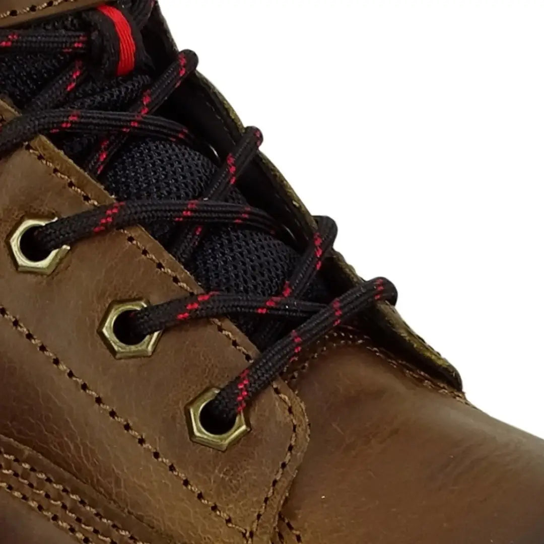 Brown leather boot with black and red Fife laces perfect for country clothing and hunting