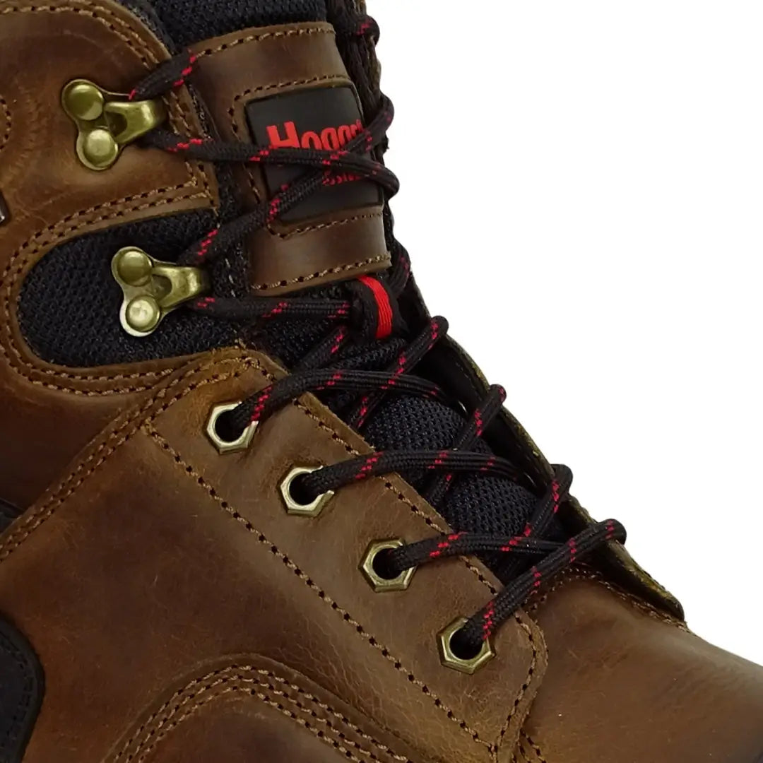 Brown leather hiking boot with red and black laces, perfect for Fife laces and country clothing