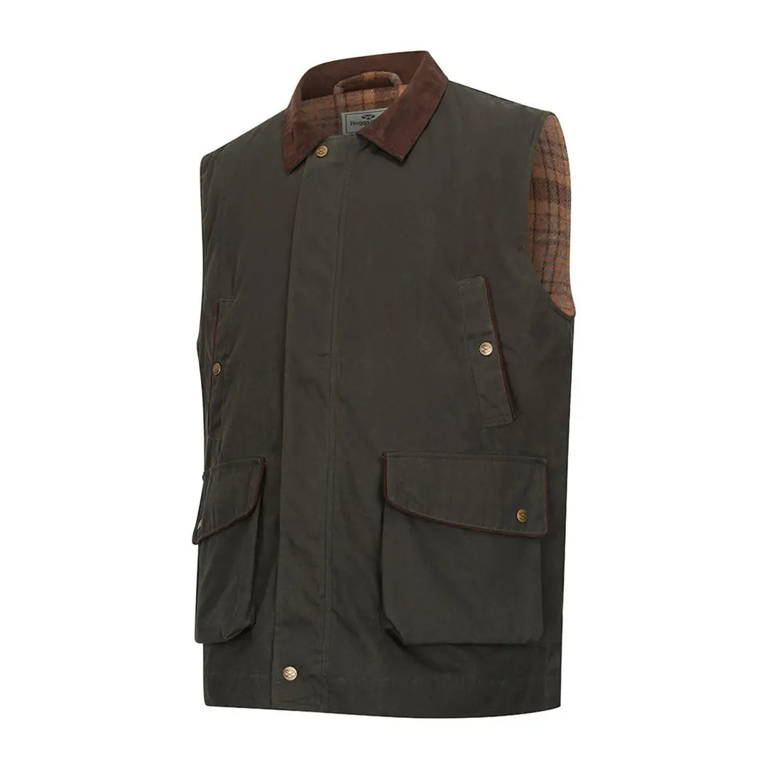 Men’s olive green Maxton Gents padded waxed waistcoat with brown corduroy collar and pockets