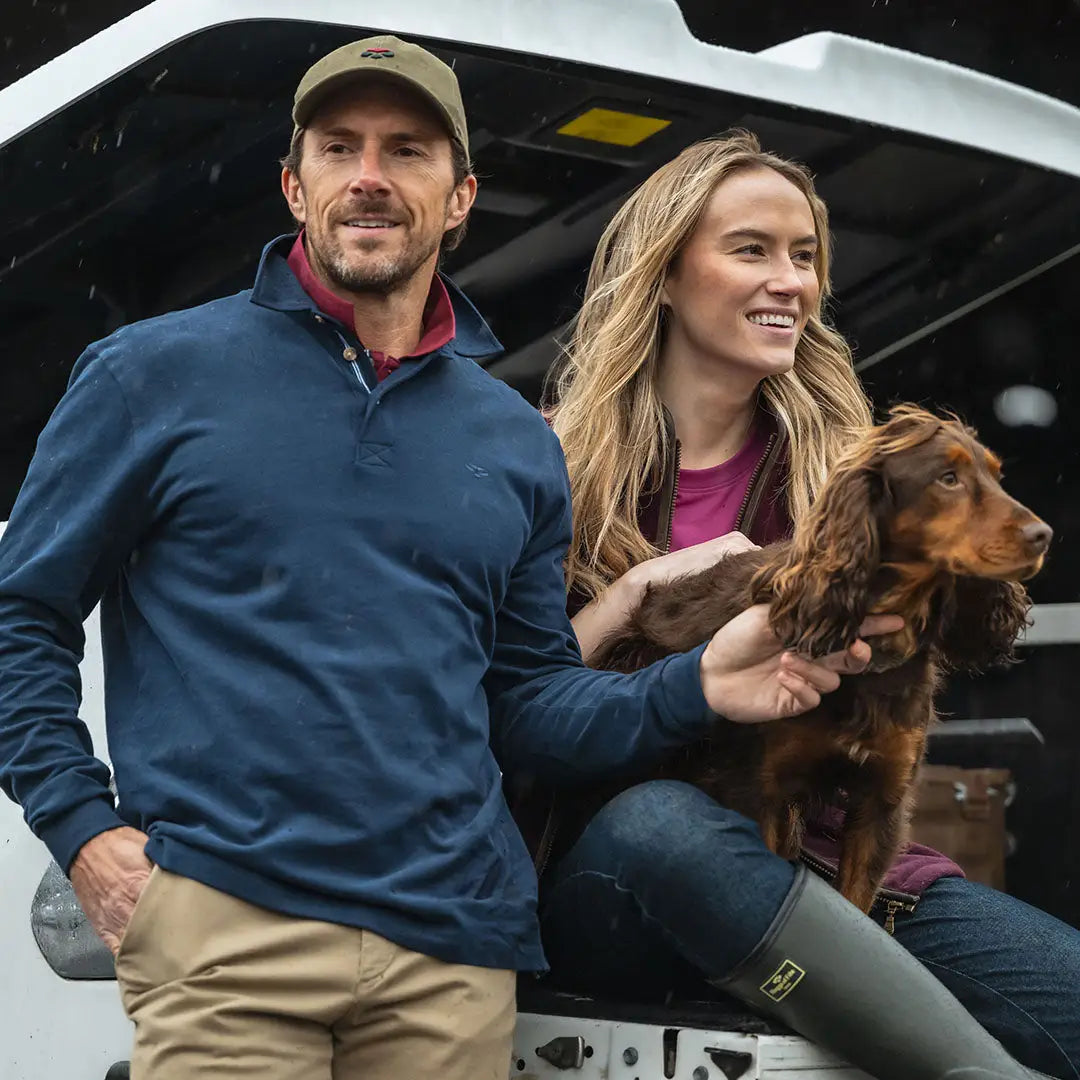 Couple with dog wearing Fife Moffat Rugby Shirt, perfect country clothing for outings