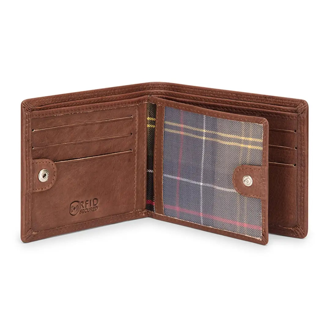 Open brown leather wallet from Hoggs of Fife, perfect credit card wallet in whiskey color