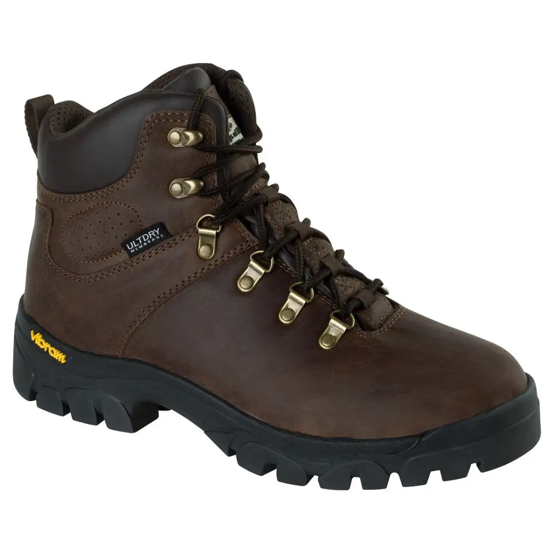 Rugged brown Fife Munro hiking boots with thick black sole and metal lace hooks