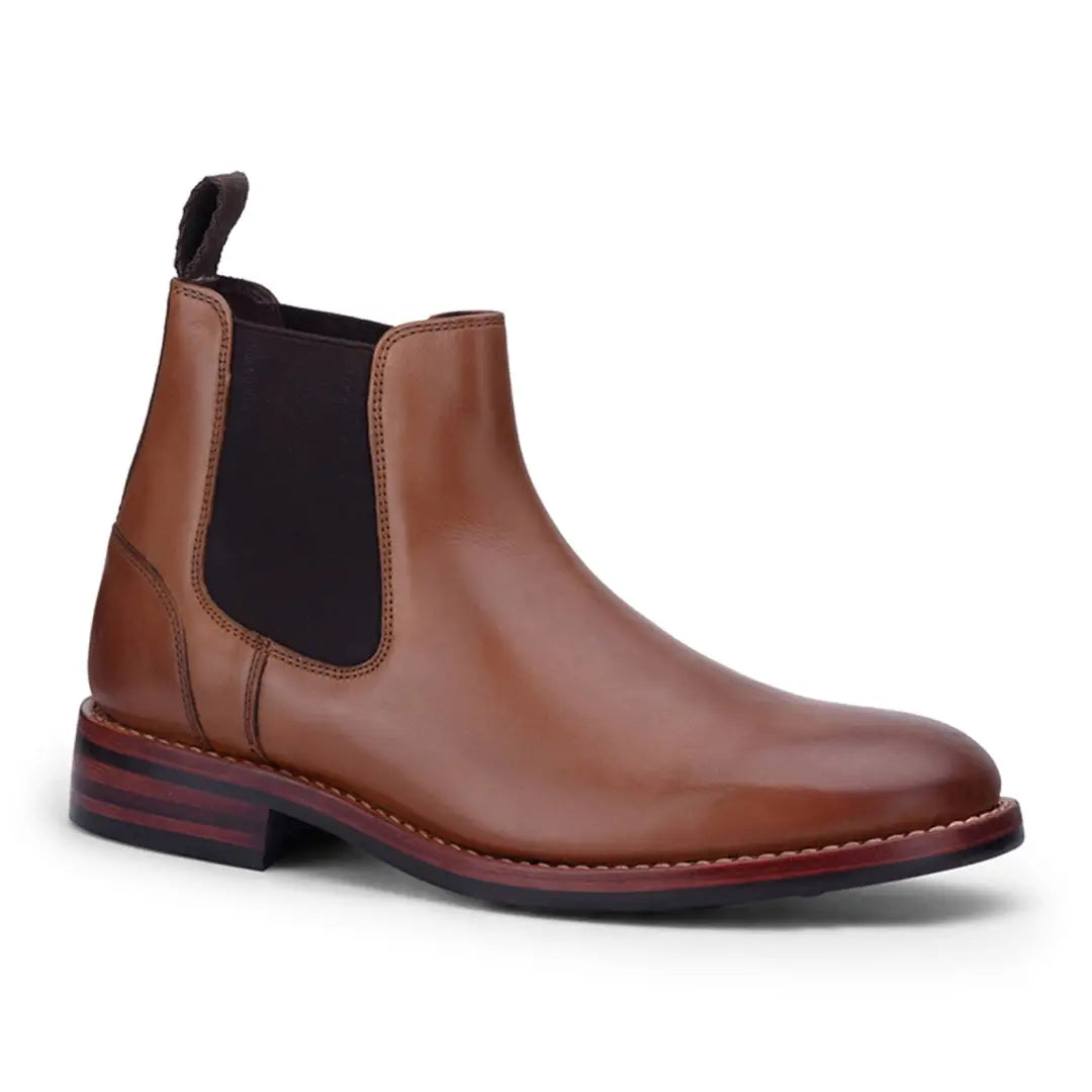 Brown leather Perth Dealer Boots with dark elastic side and reddish sole for country clothing