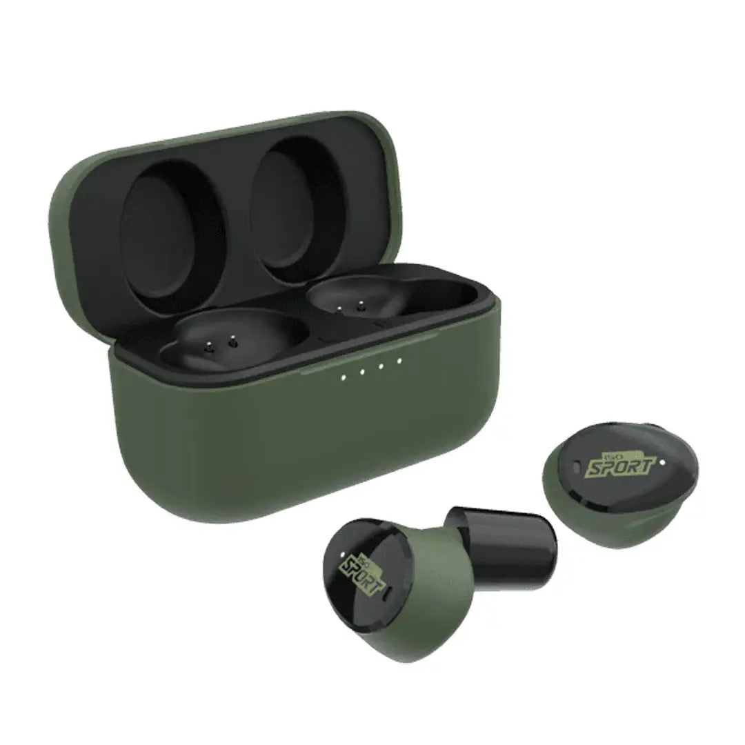 Olive green ISOTunes Sport Caliber Earbuds with charging case for hunting and country clothing