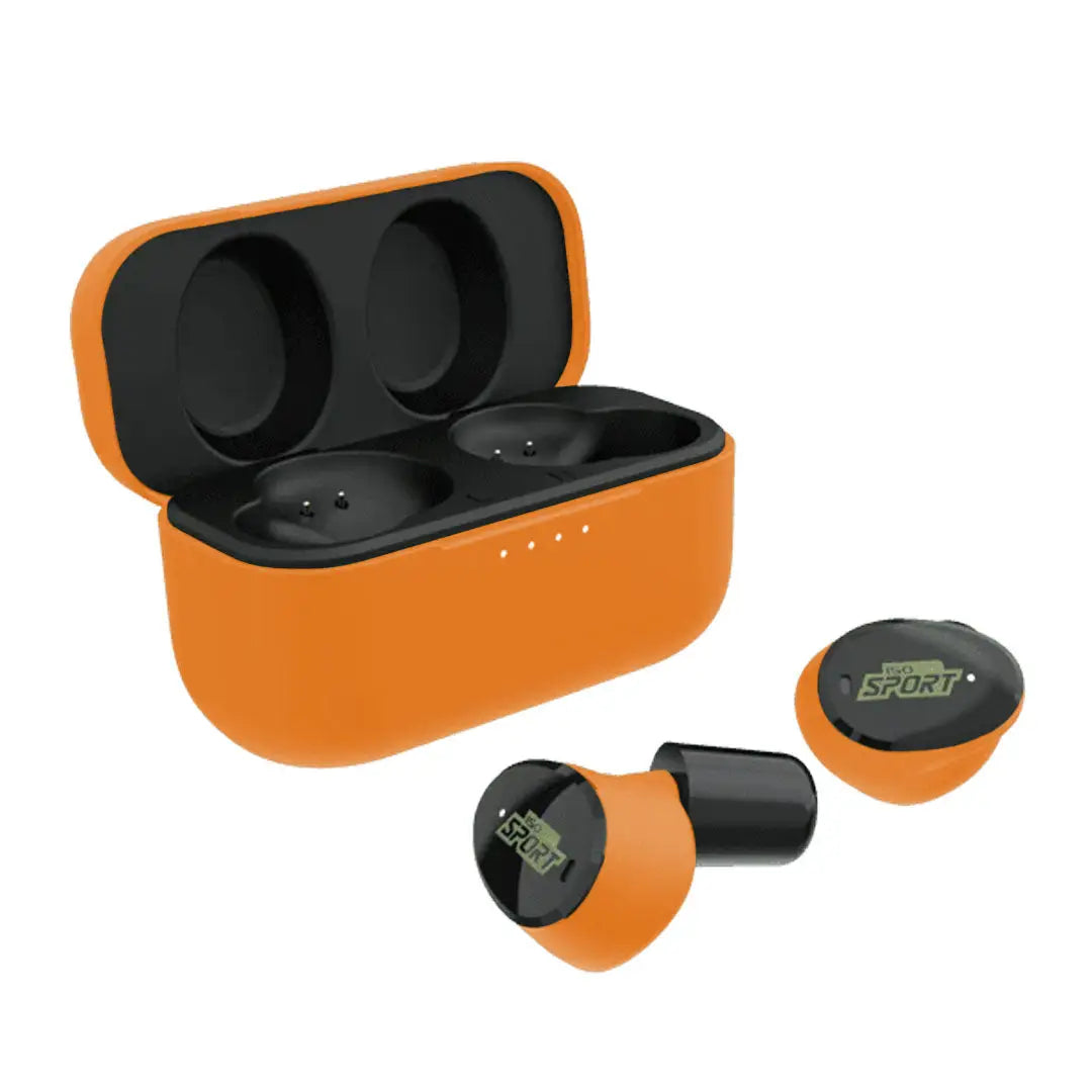 Orange and black ISOTunes Sport Caliber Earbuds and charging case for hunting gear