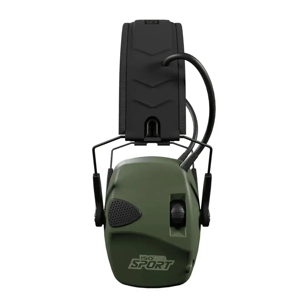 Green and black ISOTunes Sport Defy Slim Basic electronic earmuffs for noise reduction