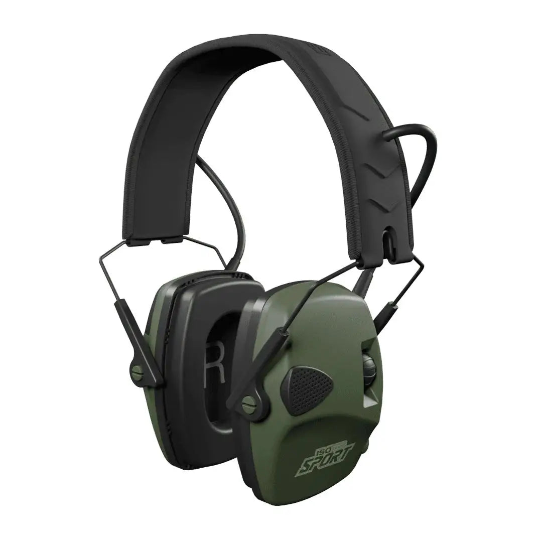 Green and black ISOTunes Sport Defy Slim Basic electronic earmuffs for hearing protection