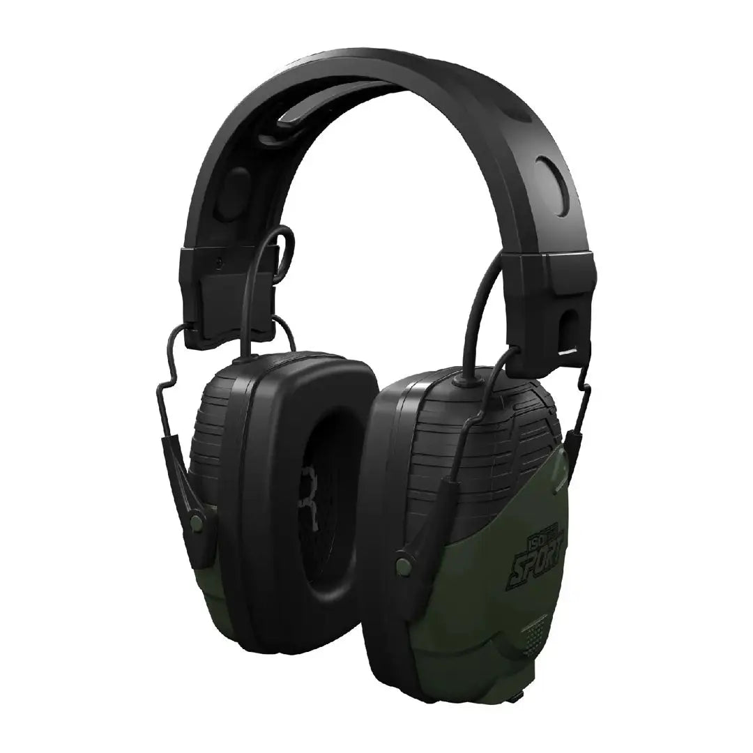 Black and green ISOTunes Sport Defy Tactical Earmuffs with comfy memory foam ear cushions for day long wear