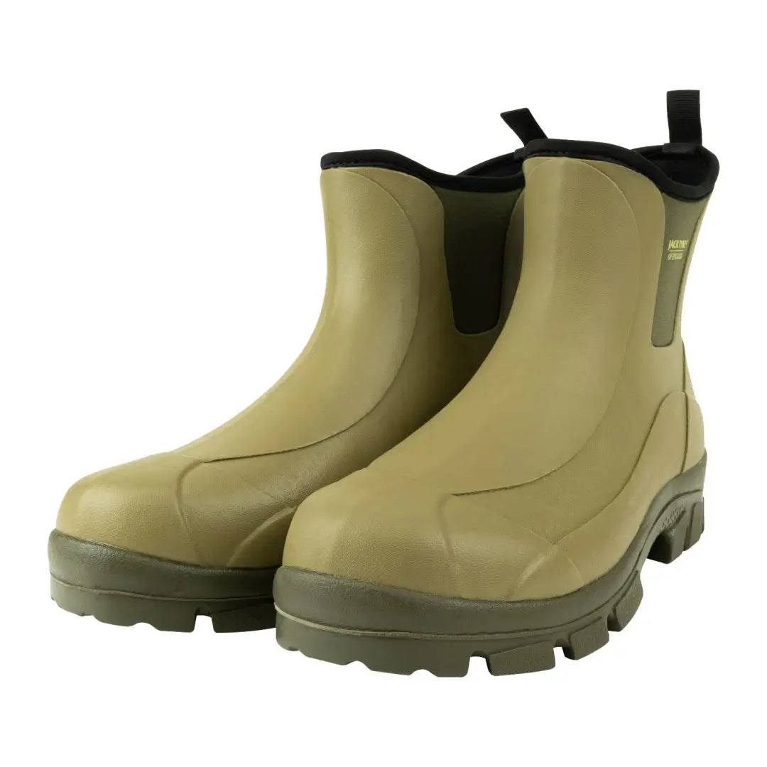 Olive green waterproof Jack Pyke ankle wellie boots with thick soles for all-weather fun