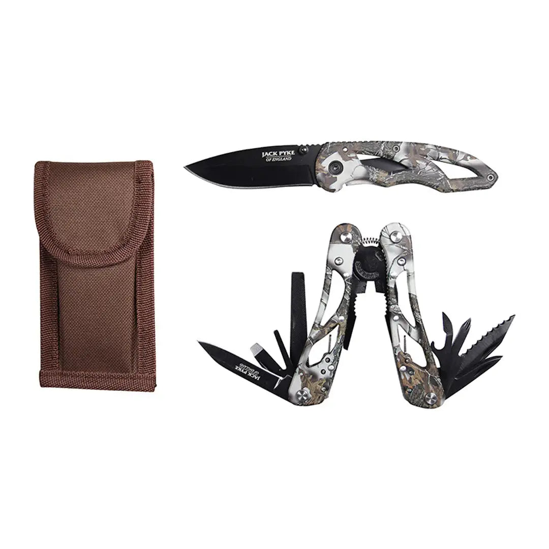 Jack Pyke Camo multi tool and knife set in brown sheath for outdoor adventures