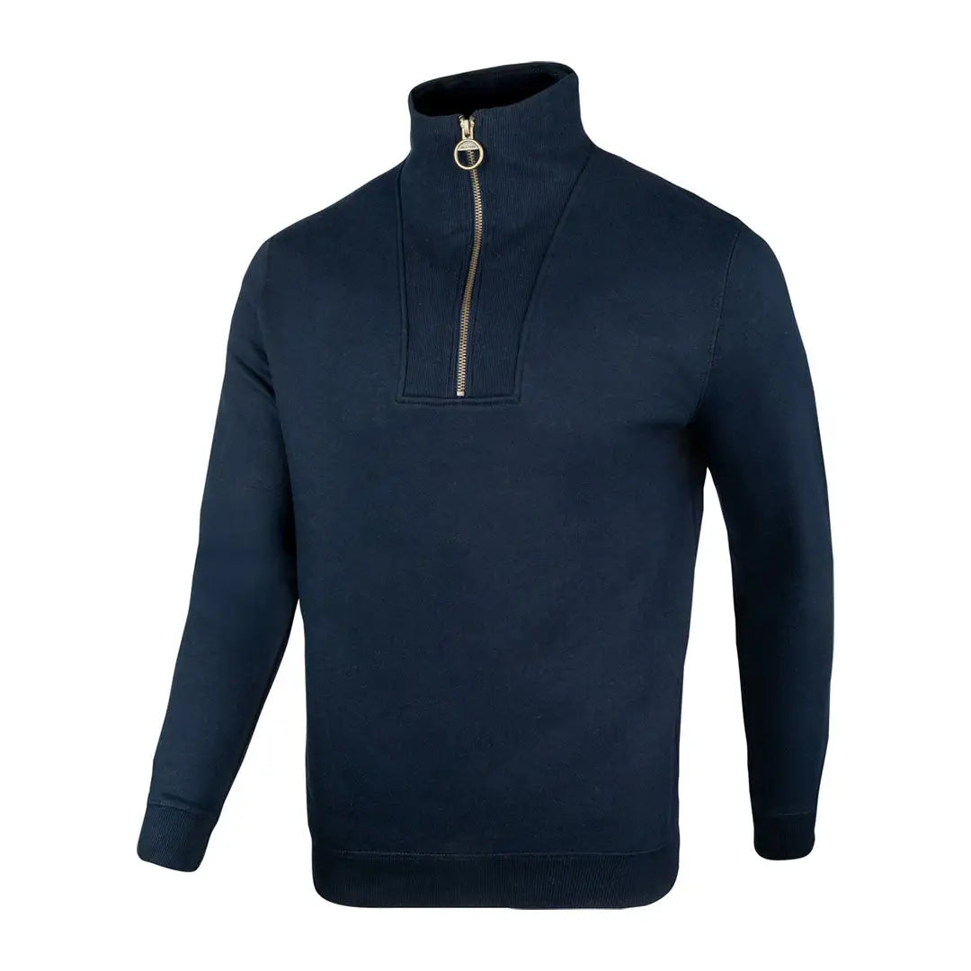 Navy blue Jack Pyke half zip sweatshirt with gold zipper and ribbed trim