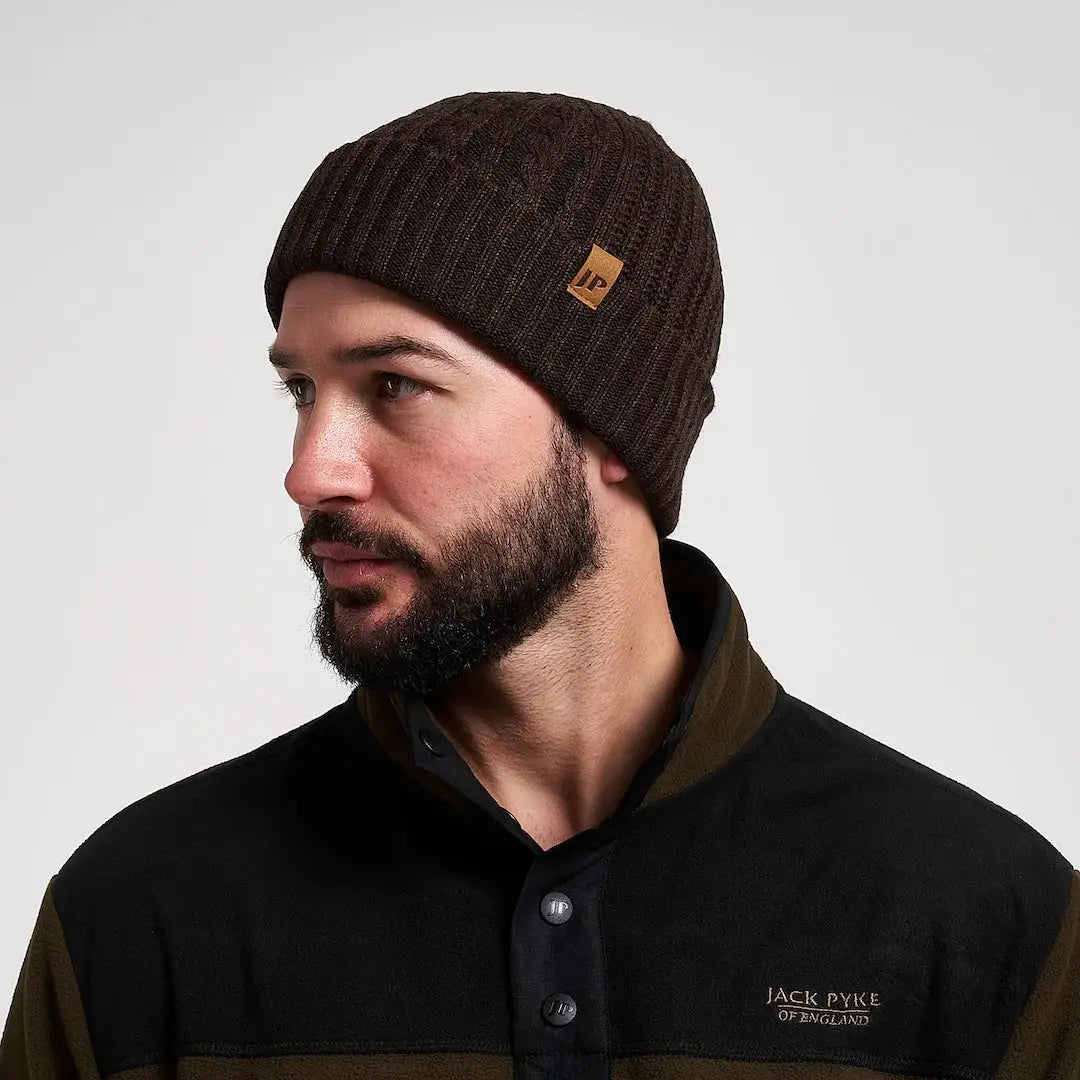 Jack Pyke Merino wool beanie in dark brown ribbed knit with tan leather patch