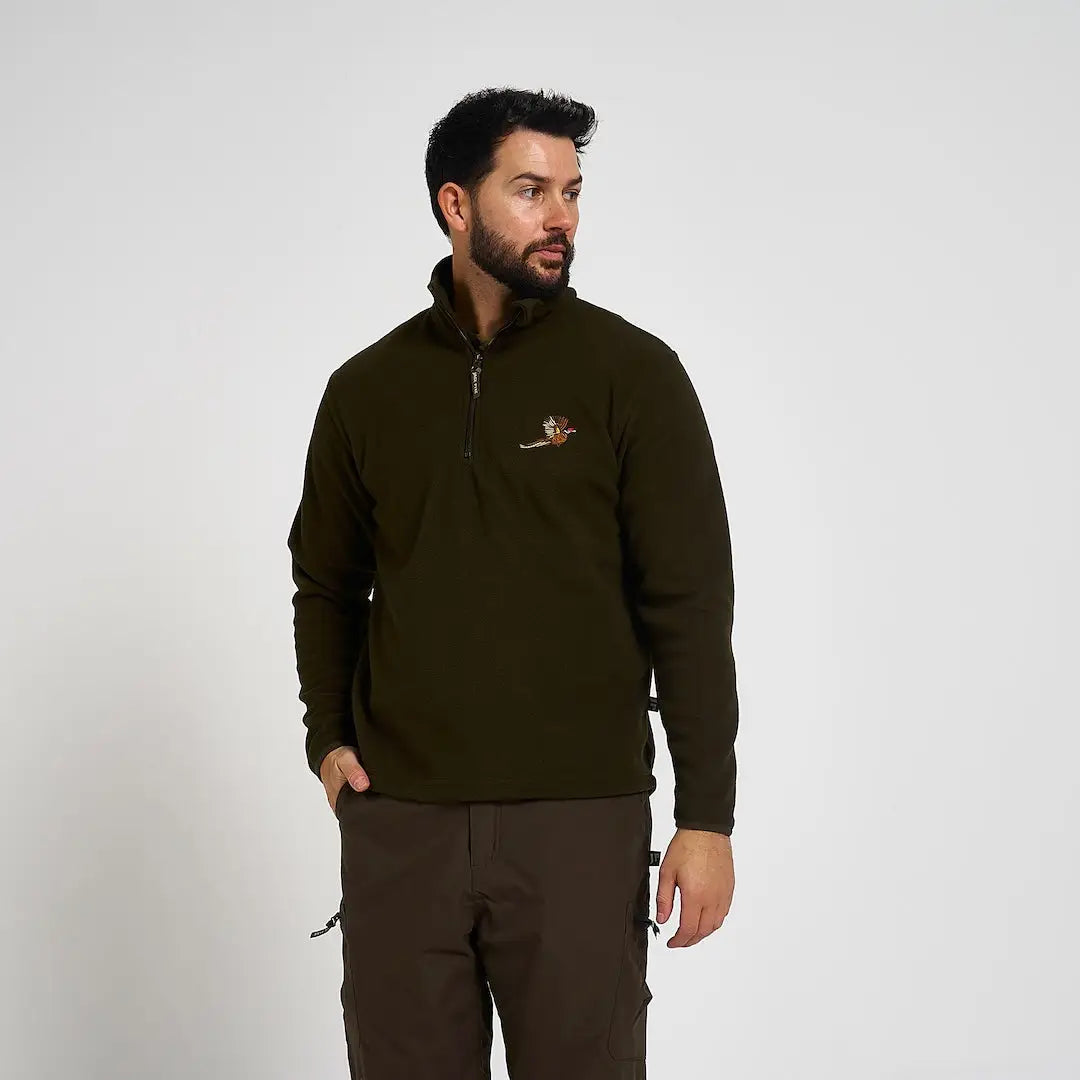 Jack Pyke pheasant motif fleece top in olive green half-zip style